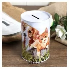 Копилка металл банка "Собаки и кошки" 12х8х8 см