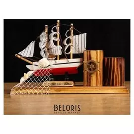 Корабль сувенирный на подставке, с двумя карандашницами 22*7*15см
