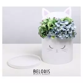 Коробка шляпная для цветов с доп. элементом «Белый котик», 22 × 22 см