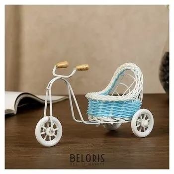 Корзина декоративная "Велосипед с коляской" голубая 9,5х16х6,5 см
