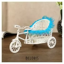 Корзина декоративная "Велосипед с коляской" голубые рюши 14х24х14 см