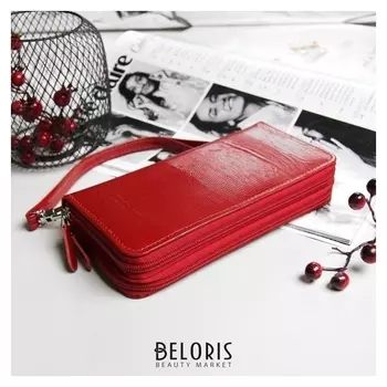 Кошелёк женский, 4 отдела на молнии, с ручкой, цвет красный