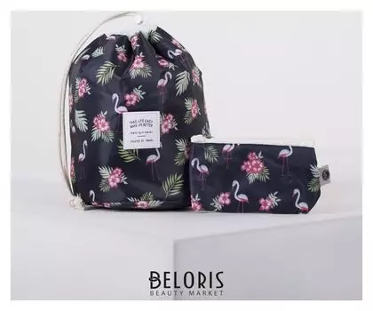 Косметичка дорожная, отдел на шнурке, с кошельком, цвет чёрный