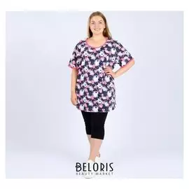 Костюм женский (футболка, бриджи, цвет сине-бело-розовый/сердца, размер 70