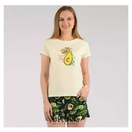 Костюм женский (Футболка, шорты) цвет бежевый/тёмно-синий, размер 52