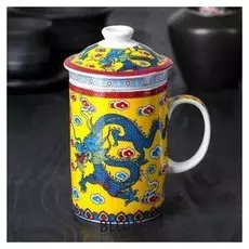 Кружка 300 мл "Дракон на жёлтом", с крышкой и керамическим ситом
