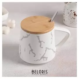 Кружка 350 мл «Флора», с деревянной крышкой и ложкой, цвет и рисунок