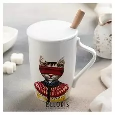 Кружка 350 мл "Котик", с керамической крышкой и ложкой