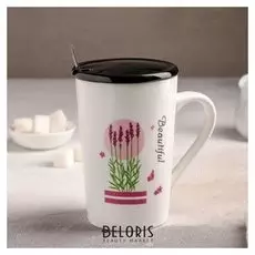 Кружка 350 мл «Лаванда», с керамической крышкой и ложкой, рисунок