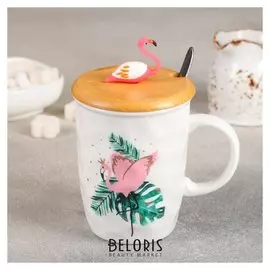 Кружка 350 мл «Тропики», с деревянной крышкой и ложкой, рисунок