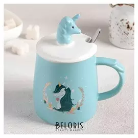 Кружка 380 мл "Единорожка", с керамической крышкой и ложкой
