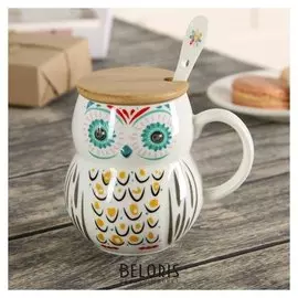 Кружка 380 мл "Сова" с крышкой и ложкой