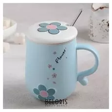 Кружка 400 мл "Цветочек", с керамической крышкой и ложкой, рисунок