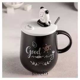 Кружка 400 мл «Доброе утро», с керамической крышкой и ложкой, рисунок