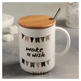 Кружка 400 мл "Простое счастье", с деревянной крышкой и ложкой