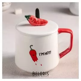 Кружка 400 мл «Сладкий перчик», с керамической крышкой и ложкой, рисунок