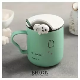 Кружка 400 мл "Свободное время", с керамической крышкой и ложкой, рисунок