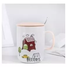 Кружка 430 мл "Уютный дом", с керамической крышкой и ложкой, рисунок
