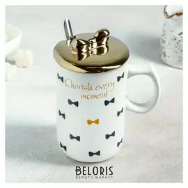 Кружка 450 мл "Бант", с керамической крышкой и ложкой, рисунок