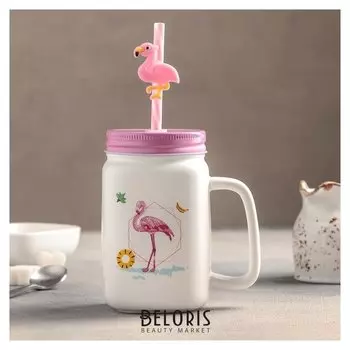 Кружка 450 мл "Фламинго", с металлической крышкой и трубочкой