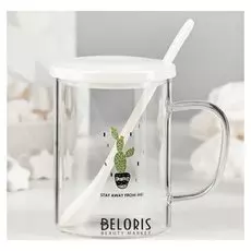 Кружка 450 мл "Кактус", с керамической крышкой и ложкой, рисунок