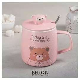 Кружка 450 мл «Мишутка», с керамической крышкой и ложкой