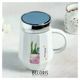 Кружка 500 мл «Кактусы», с пластиковой крышкой, рисунок