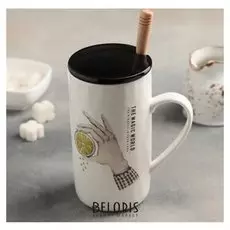 Кружка 500 мл "Улыбочку", с керамической крышкой и ложкой, рисунок