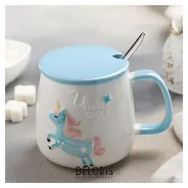 Кружка «Единорог в полете», с керамической крышкой и ложкой, 400 мл, рисунок
