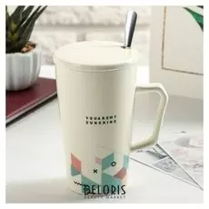 Кружка «Геометрия», с керамической крышкой и ложкой, 320 мл, рисунок