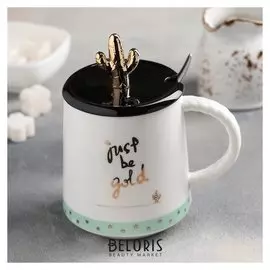 Кружка «Кактус в золоте», с керамической крышкой и ложкой, 450 мл, рисунок