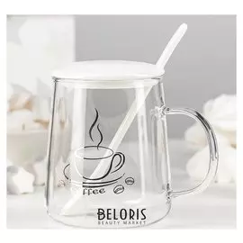 Кружка «Кофе», 500 мл, с керамической крышкой и ложкой, рисунок