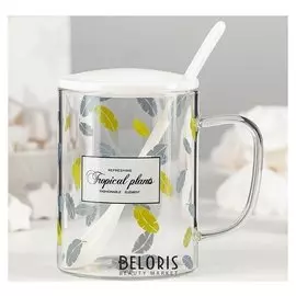 Кружка «Листья», 450 мл, с крышкой и ложкой, рисунок