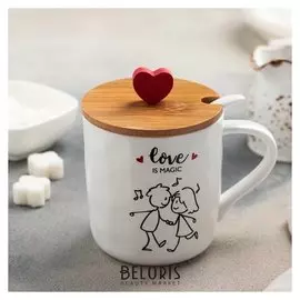 Кружка Love, 400 мл, с деревянной крышкой и ложкой