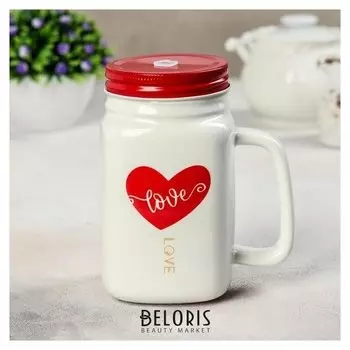 Кружка «Любовь», 420 мл, с металлической крышкой и трубочкой, рисунок