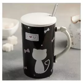 Кружка «Мяу», с керамической крышкой и ложкой, 300 мл, рисунок
