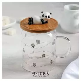 Кружка с деревянной крышкой 400 мл "Панда", рисунок