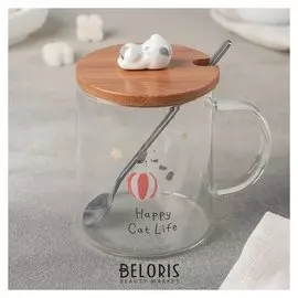 Кружка с деревянной крышкой и ложкой «Счастливый кот», 450 мл