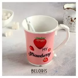 Кружка с ложкой 350 мл "Клубничка", рисунок