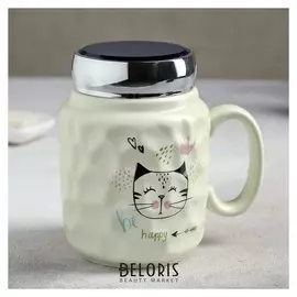Кружка с зеркальной крышкой «Котики», 400 мл, 12,5×8,5×13 см, рисунок
