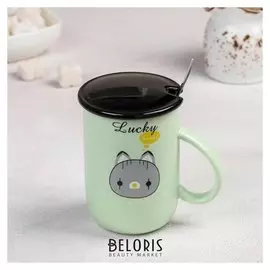 Кружка «Зверята», 350 мл, с керамической крышкой и ложкой, рисунок