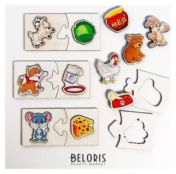 «Кто что ест?» играем в ассоциации, находим силуэты, фактурный пазл из дерева, 48 больших элементов