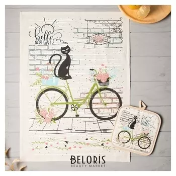 Кухонный набор котик на велосипеде (Полотенце 45х60+прихватка 18х18), полулён, 160 г/м2