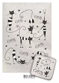 Кухонный набор коты полосатые (Полотенце 45х60+прихватка 18х18) полулен, 160г/м