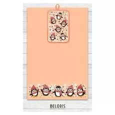 Кухонный набор пингвины (Полотенце 39х60, прихватка 14,5х22) персик, хлопок 100%, 200г/м2