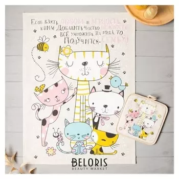 Кухонный набор семейка котиков (Полотенце 45х60+прихватка 18х18), полулён, 160 г/м2