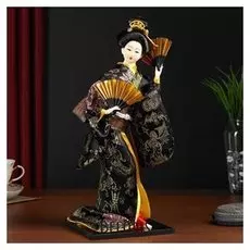Кукла коллекционная "Гейша в черно-золотом кимоно с веерами"