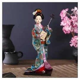 Кукла коллекционная "Гейша в цветочном кимоно с музыкальным инструментом"