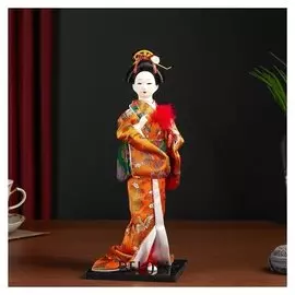 Кукла коллекционная "Гейша в оранжевом кимоно с веером"