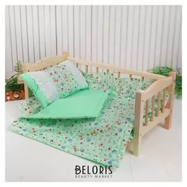 Кукольное постельное Цветочки на зеленом простыня, одеяло 46х36, подушка 27х17